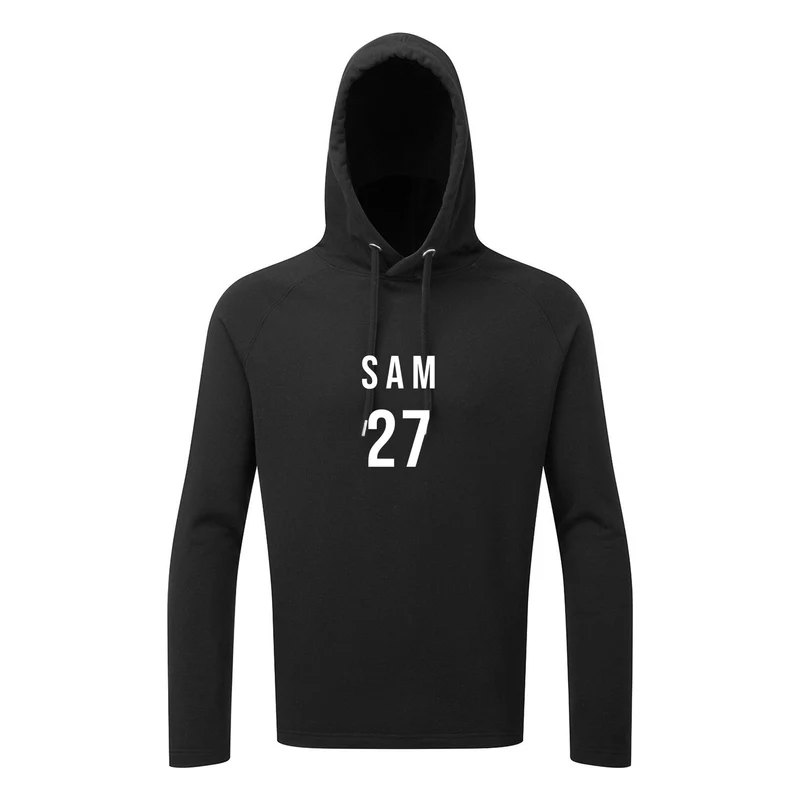 Black hoodie personalised with the name Sam and number 27
