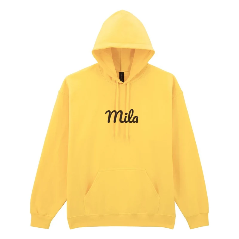 Yellow hoodie personalised with the name Mila