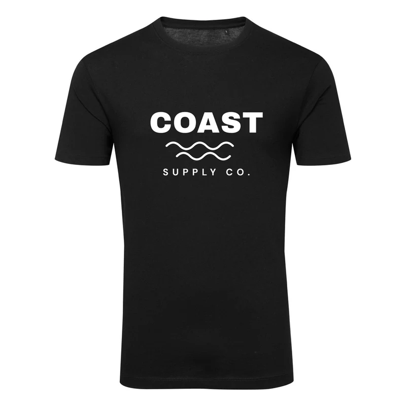 Black t-shirt printed with a Coast Supply Co. design