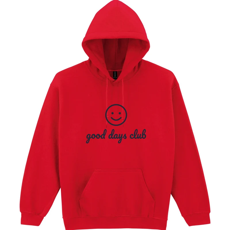 Red hoodie printed with a smiley face and good days club