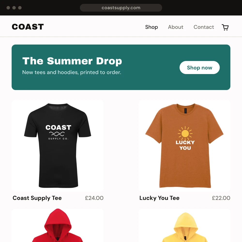 Hosted storefront homepage with a product grid